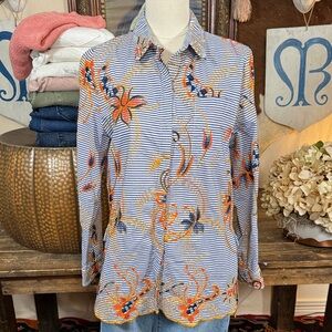 Peck & Peck Blue and White Striped Shirt with Floral Accents